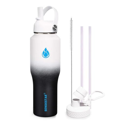32oz Water Bottle Wide Mouth Stainless Steel Vacuum Insulated Double Wall with 2 Straw Lids Fit in Any Car Cup Holder
