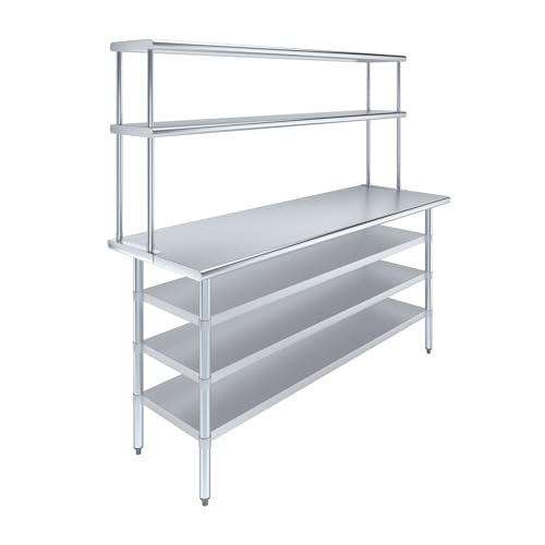 24" x 72" Stainless Steel Work Table with 3 Shelves and 12" Wide Double Tier Overshelf