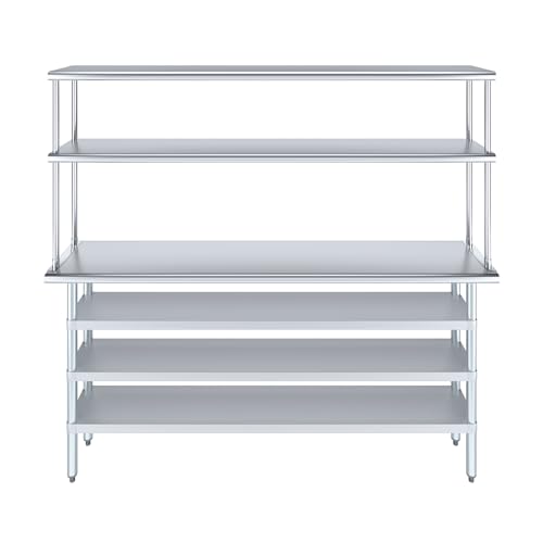 14" x 72" Stainless Steel Work Table with 3 Shelves and 12" Wide Double Tier Overshelf