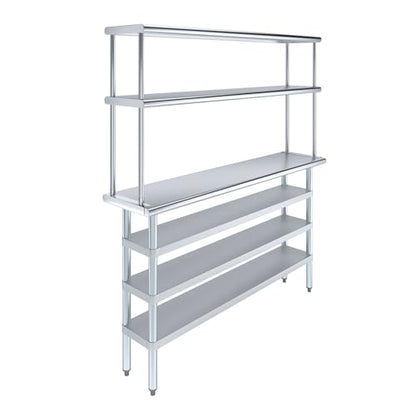 14" x 60" Stainless Steel Work Table with 3 Shelves and 12" Wide Double Tier Overshelf