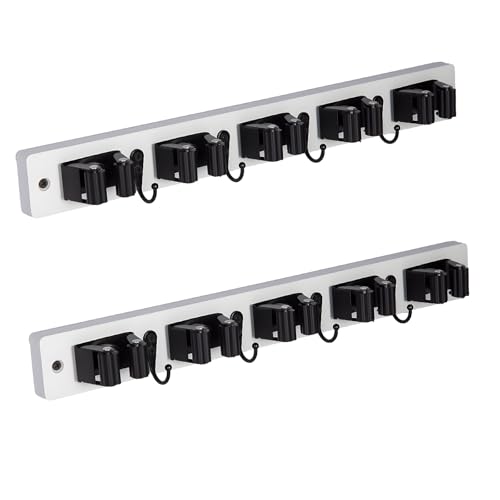 2 Pack Broom Holder Wall Mount With 5 Slots & 4 Hooks (2 Count)