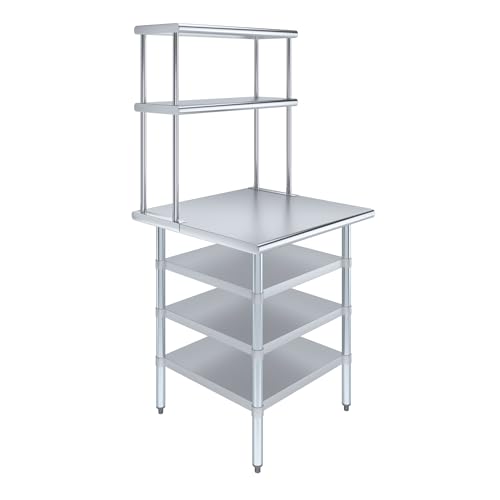 30" x 30" Stainless Steel Work Table with 3 Shelves and 12" Wide Double Tier Overshelf