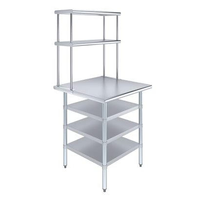 30" x 30" Stainless Steel Work Table with 3 Shelves and 12" Wide Double Tier Overshelf