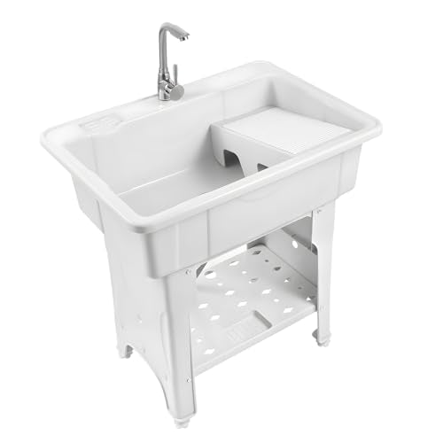 Freestanding Utility Sink Plastic Laundry Tub Sink with Storage Shelf Indoor Outdoor Slop Sink Wash Station for Bathroom Laundry Washing Room