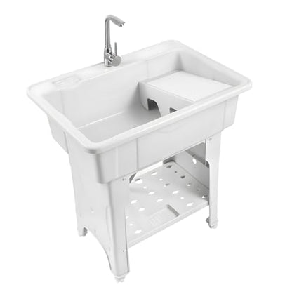 Freestanding Utility Sink Plastic Laundry Tub Sink with Storage Shelf Indoor Outdoor Slop Sink Wash Station for Bathroom Laundry Washing Room