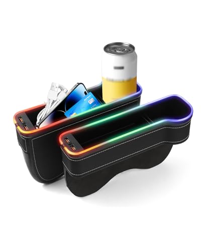 RGB Color Changing LED Car Seat Gap Filler Organizer Console Side Seat Gap Storage Box with Cup Holders and USB Chargers for Car Interior Accessories (2 Count)