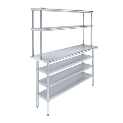 18" x 60" Stainless Steel Work Table with 3 Shelves and 12" Wide Double Tier Overshelf