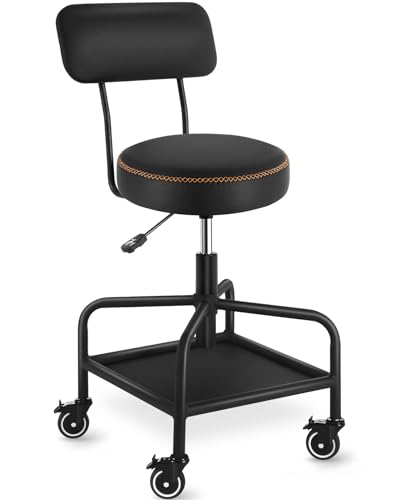 Shop Stool with Lockable Rubber Wheels Adjustable Backrest Tool Tray Storage 400 lb Capacity Rolling Garage Stool
