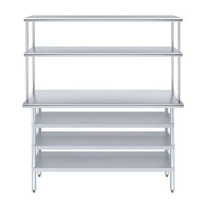 14" x 60" Stainless Steel Work Table with 3 Shelves and 12" Wide Double Tier Overshelf