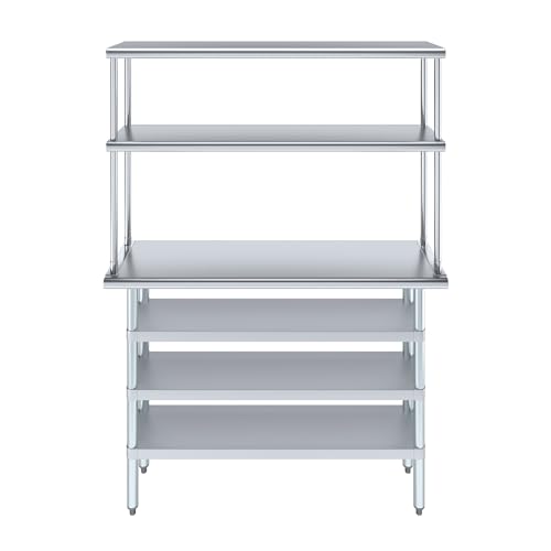 14" x 48" Stainless Steel Work Table with 3 Shelves and 12" Wide Double Tier Overshelf