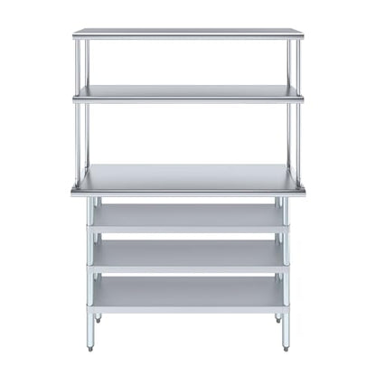 14" x 48" Stainless Steel Work Table with 3 Shelves and 12" Wide Double Tier Overshelf