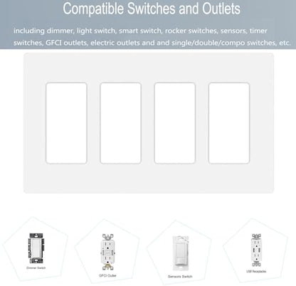 4 Gang Screwless Decora Wall Plate Cover Switch Outlet Electrical Faceplate for Light Switche (2 Count)