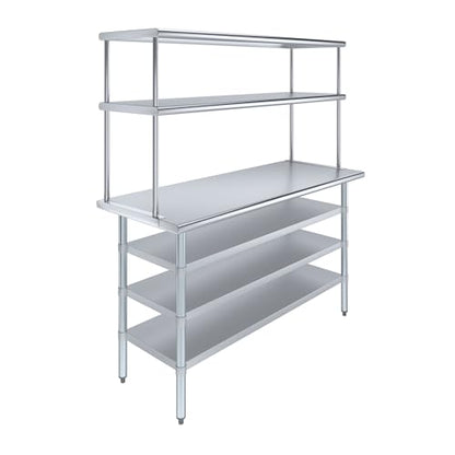 24" x 60" Stainless Steel Work Table with 3 Shelves and 18" Wide Double Tier Overshelf