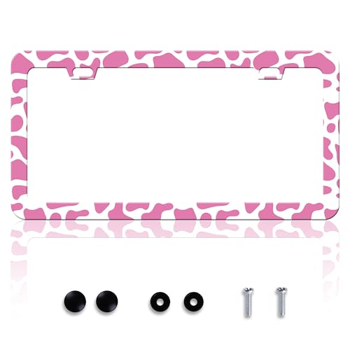 Pink Cow Print Animal License Plate Frame Stainless Steel 6x12 Inch 2