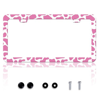 Pink Cow Print Animal License Plate Frame Stainless Steel 6x12 Inch 2