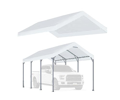 Rutile 12'x20' Carport Replacement Top Canopy Cover for Car Garage Shelter Tent Party Tent with Ball Bungees White