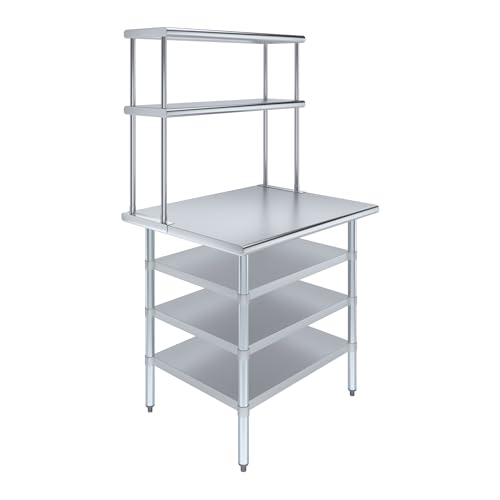 30" x 36" Stainless Steel Work Table with 3 Shelves and 12" Wide Double Tier Overshelf