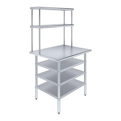 30" x 36" Stainless Steel Work Table with 3 Shelves and 12" Wide Double Tier Overshelf