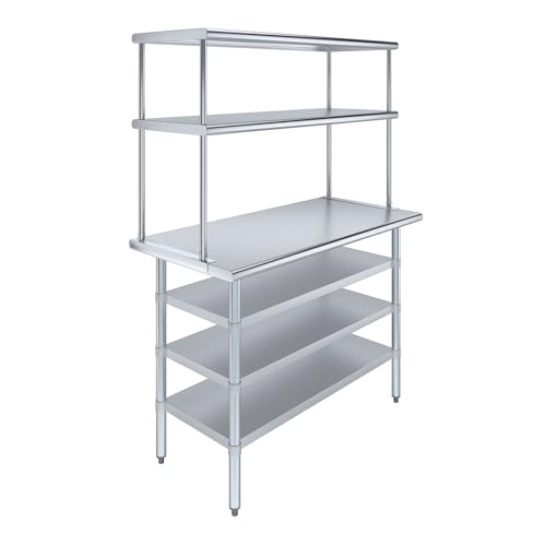 24" x 48 Stainless Steel Work Table with 3 Shelves and 18" Wide Double Tier Overshelf
