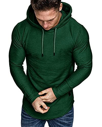 Mens Fashion Athletic Hoodies Sport Sweatshirt Solid Color Fleece Pullover Dark Green Large