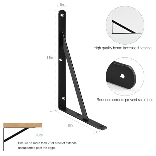 8 Pack L11 x H 8" Black Heavy Duty Shelf Brackets with Screws Metal Shelf Brackets Shelf Support Angle Brackets for Shelves L Brackets Heavy Duty Floating Shelf (8 Count)