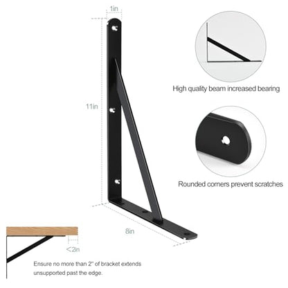 8 Pack L11 x H 8" Black Heavy Duty Shelf Brackets with Screws Metal Shelf Brackets Shelf Support Angle Brackets for Shelves L Brackets Heavy Duty Floating Shelf (8 Count)