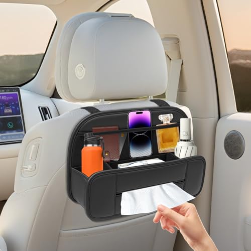 5-in-1 Car Backseat Organizer, Premium Leather Headrest Seat Back Storage Pocket with Cup Holder, Foldable Hanging Car Tissue Holder 1 Pack