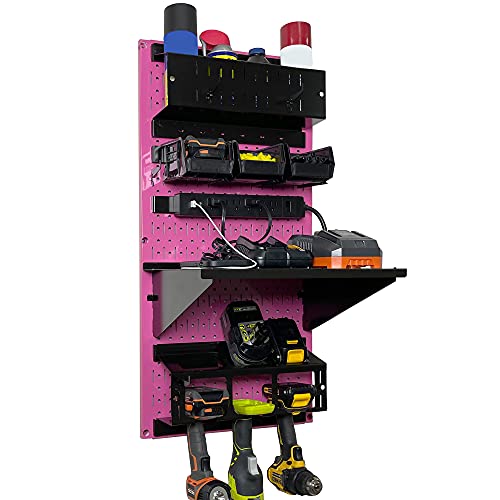 Power Tool Storage Organizer Kit Cordless Drill Holder Charging Station Rack 16” x 32” Metal Pegboard Organization System