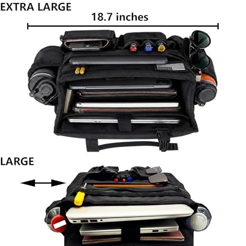 2 Pack Front or Seat back organizer seat side pocket with dedicated tablet and 17 IN laptop storage stabilizers external stabilizing side straps soft adjustable shoulder straps