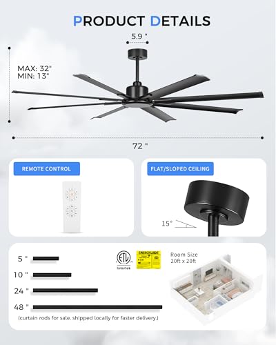72 Inch Large Ceiling Fan Without Light