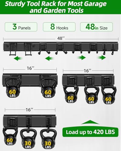 Garden Tool Organizer 48 inches with 18 Garage Wall Hooks in 9 Types (70.4 Ounce)
