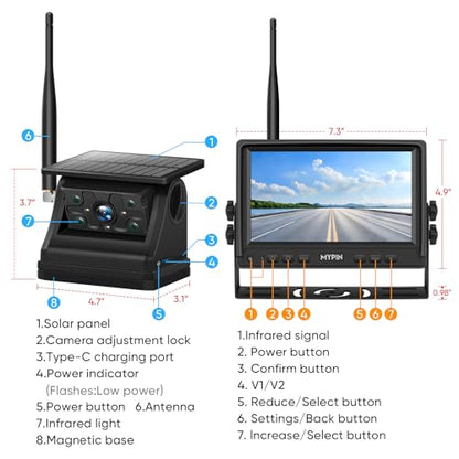 Solar Wireless Magnetic Backup Camera with 7 Inch 1080P Monitor System