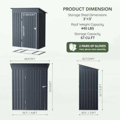 3 x 5 FT Outdoor Storage Shed with Floor Frame