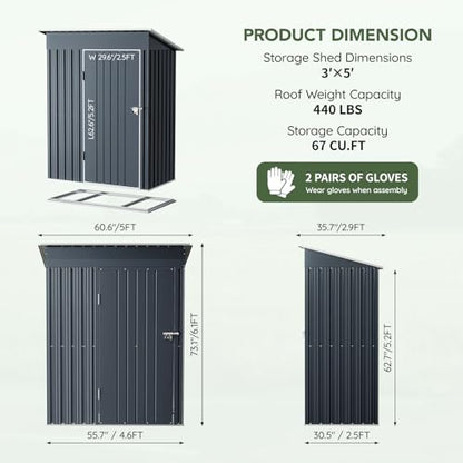 3 x 5 FT Outdoor Storage Shed with Floor Frame