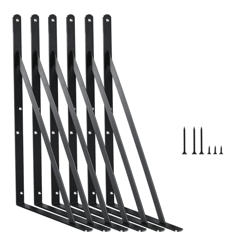 6 Pack L16 x H 10" Black Heavy Duty Shelf Brackets with Screws Metal Shelf Brackets Shelf Support Angle Brackets for Shelves L Brackets Heavy Duty Floating Shelf (6 Count)