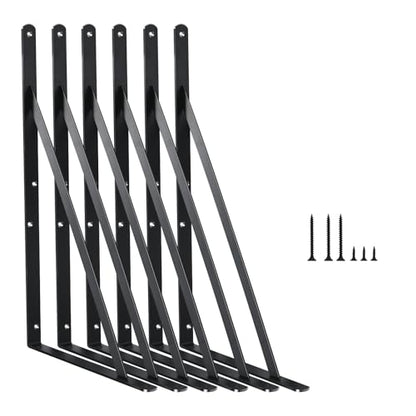 6 Pack L16 x H 10" Black Heavy Duty Shelf Brackets with Screws Metal Shelf Brackets Shelf Support Angle Brackets for Shelves L Brackets Heavy Duty Floating Shelf (6 Count)
