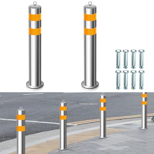 31.5 Inch Stainless Steel Bollard Post with Anchor Bolts Parking Barrier Block Safety Bollard Covers with Reflective Strips and Hanging Ring for Parking Lots Driveways Garage Pathways
