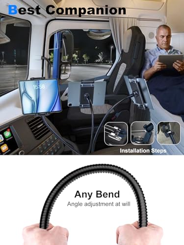 Tablet Holder for Car or Truck Seat Rail Mount Long 19.7" Gooseneck Arm Heavy Duty Car Floor Tablet Stand for iPad Pro 12.9 Air Mini