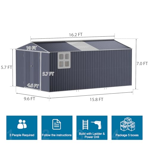 10x16 FT Metal Outdoor Storage Shed with Base Windows Skylight