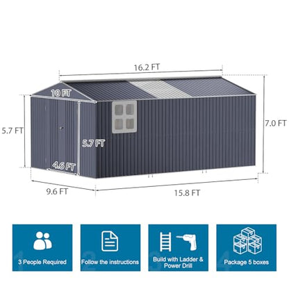 10x16 FT Metal Outdoor Storage Shed with Base Windows Skylight