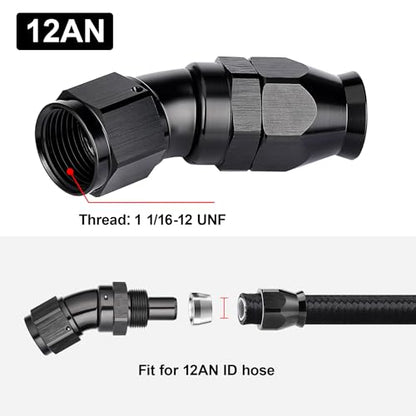 12AN 30 Degree PTFE One Piece Full Flow End Hose Fitting Aluminum Black