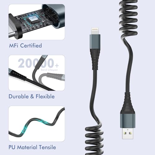 Coiled Lightning Cable 3FT 2 Pack MFi Certified Car iPhone Charger Cable (2 Count)