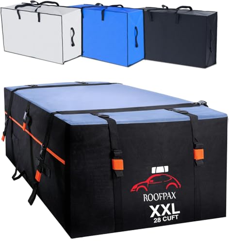 XXL 28 cuft Car Rooftop Cargo Carrier Bag Extra Waterproof Car Roof Storage with 10 Heavy Duty Tie Down Straps and 4 Hooks Roof Bag Cargo Carrier for Top of Vehicle with
