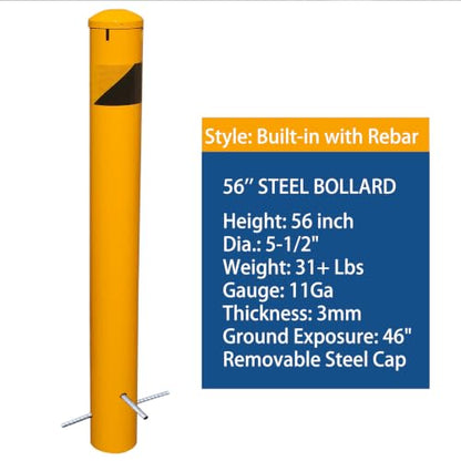 56" High 5-1/2" OD Steel Bollard Post Underground Mount, Cap Removable Safety Bollard Yellow Powder Coat, Metal Bollard Parking, Safety Barrier