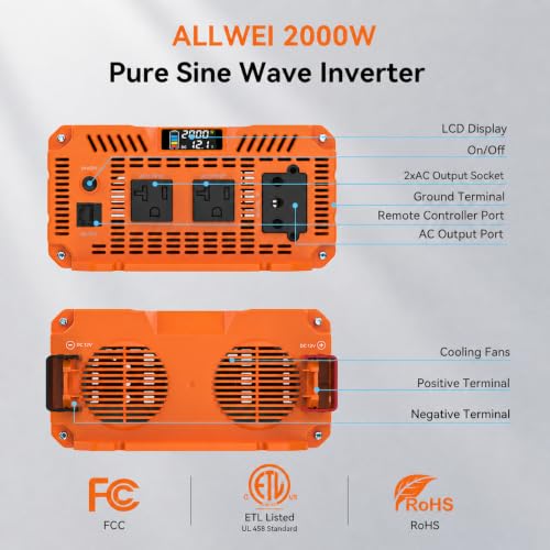 2000W Pure Sine Wave Power Inverter 12V DC to 120V AC