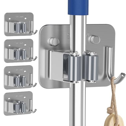4 Pack Stainless Steel Mop and Broom Holder Wall Mount with Hook (4 Count)