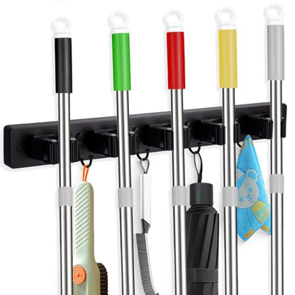 Broom Holder Wall Mount With 5 Slots & 4 Hooks