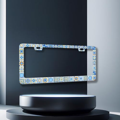 Stainless Steel Blue White Mexican Tiles License Plate Frame 12.2 x 6.2Inch