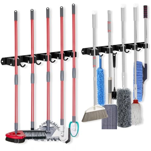 2 Pack] 5 Racks and 4 Hooks Mop and Broom Holder Wall Mount (2 Count)