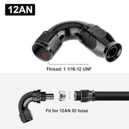 12AN 120 Degree PTFE One Piece Full Flow End Hose Fitting Aluminum Black